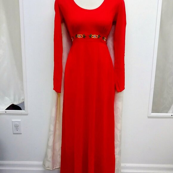 1970's Vintage Red Maxi Peasant Dress w/ Embroidered Waistband by Styled by Mr. - Picture 7 of 10